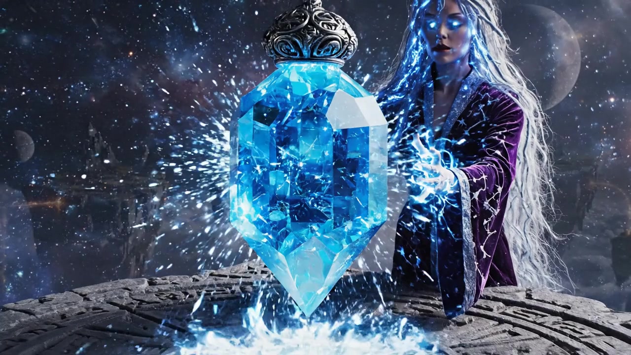 Blue crystal pendulum reading, epic fantasy, magical atmosph