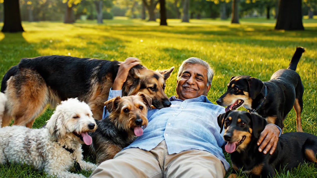 on my back looking up at like six dogs looking down at me, p