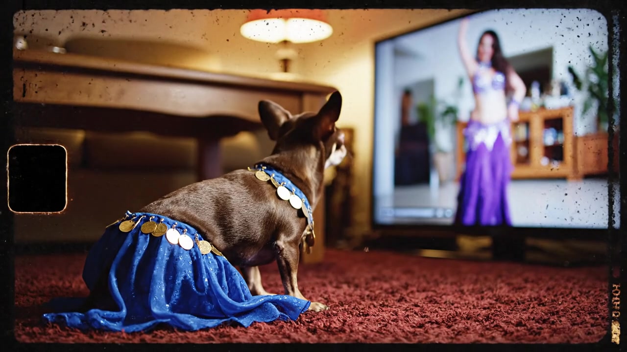 Imagine a small brown chihuahua dog wearing a blue belly dan