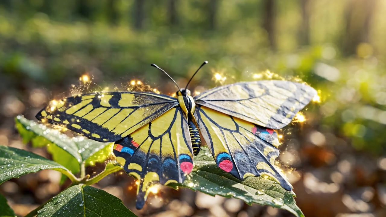 A cartoon paper origami butterfly slowly unfolds its wings a