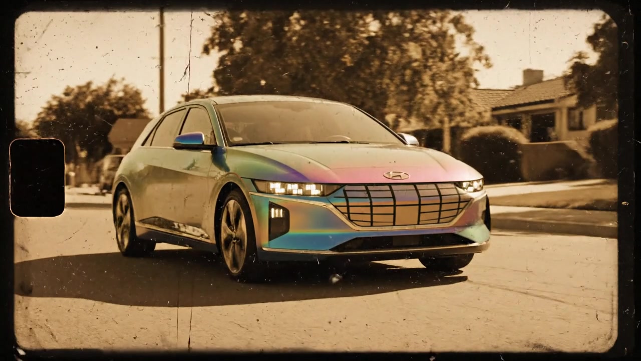 A psychedelic shift colored hyundai ioniq 6 in a sepia vinta