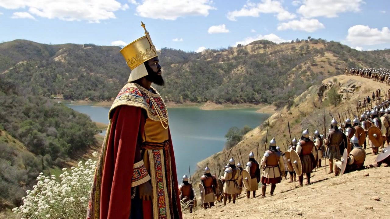 Mansa Musa looking over the lake in the image. His army stan