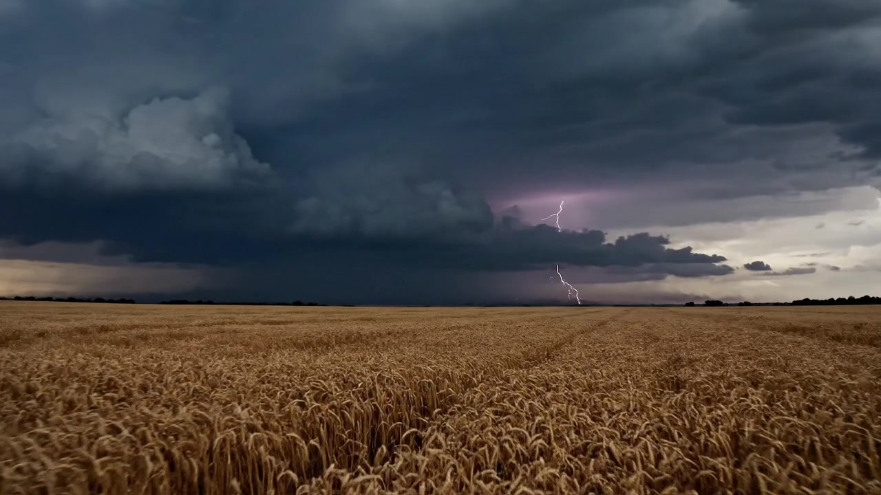 A thunderstorm rolls across the Great Plains, lightning illu
