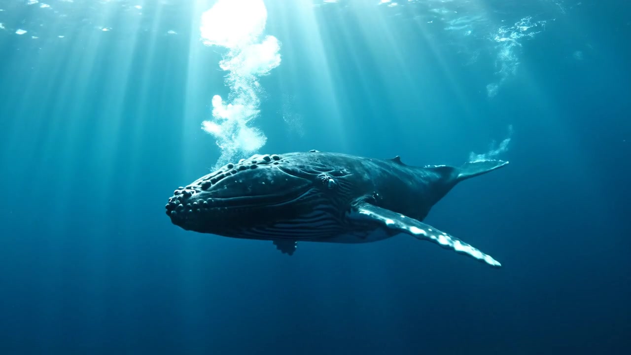 Deep underwater, a whale glides through shafts of light filt
