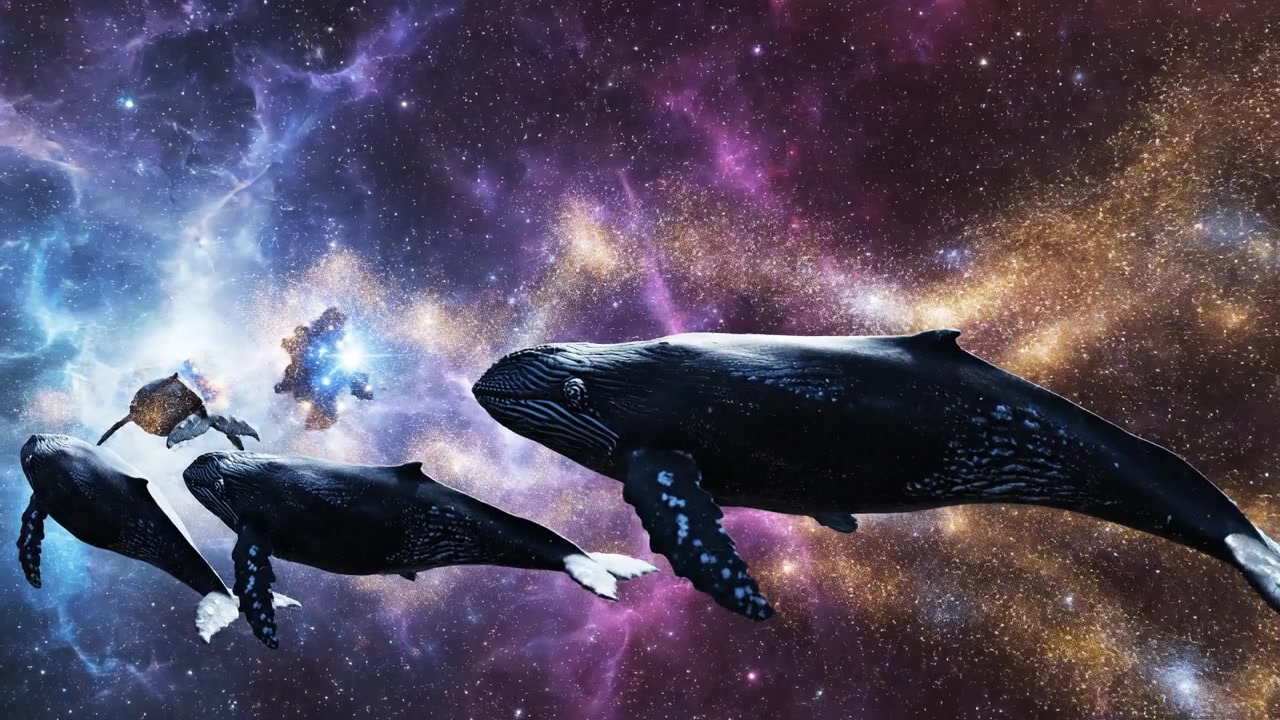 a pod of whale glides through outer space as if it were the 