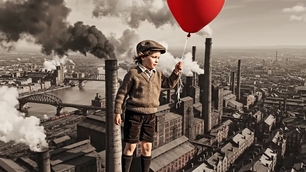 1940s realistic english boy holding a red balloon and floati