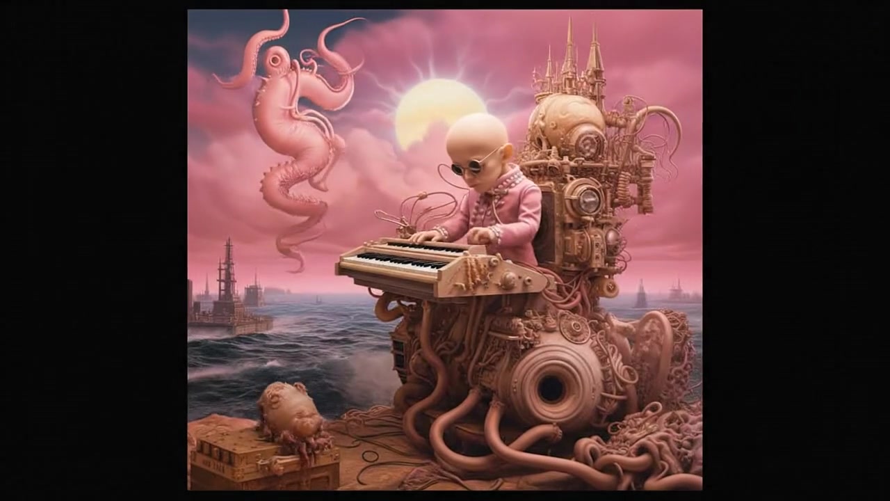 a psychedelic symphony conductor surrounded by pink clouds a