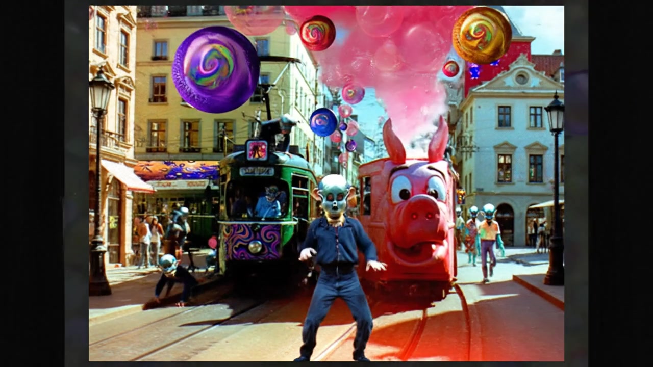 A busy surrealistic fantasy city with psychedelic bubbles an